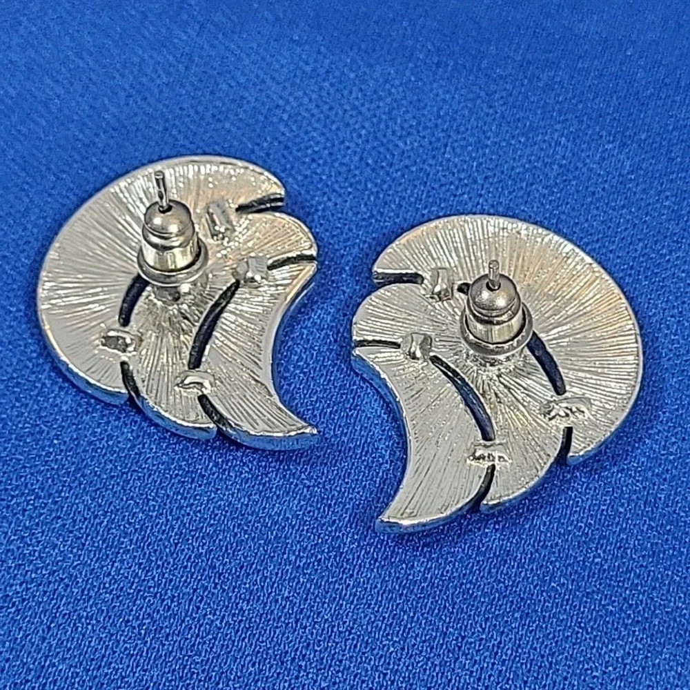 Vintage 90s Earrings Crescent Moons Fans Wings Silver-tone Enamel Art Deco Glam